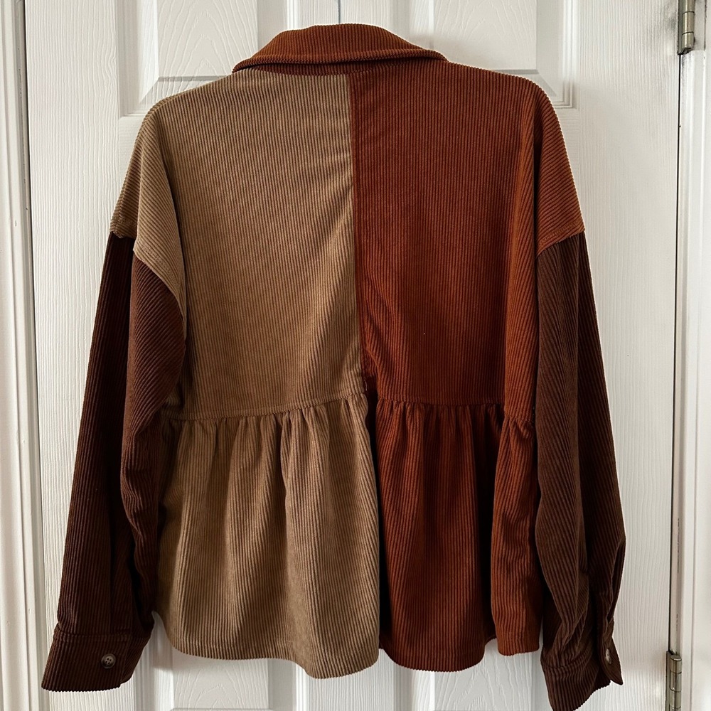 New In Colorblock Corduroy Peplum Shirt Brown Tan Button Women's Sm fits M L - Picture 6 of 7